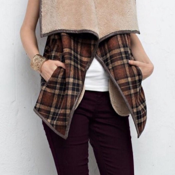 Jodifl sz small sherpa wool blend brown rust plaid fall vest - Picture 2 of 6